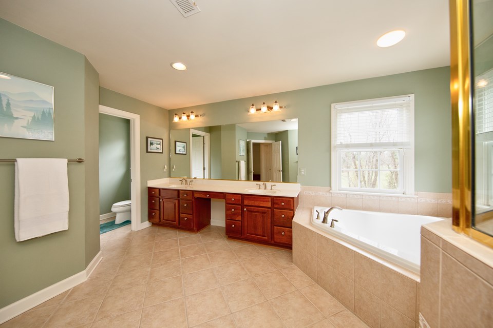 primary bathroom with double vanity, soaking tub & shower
