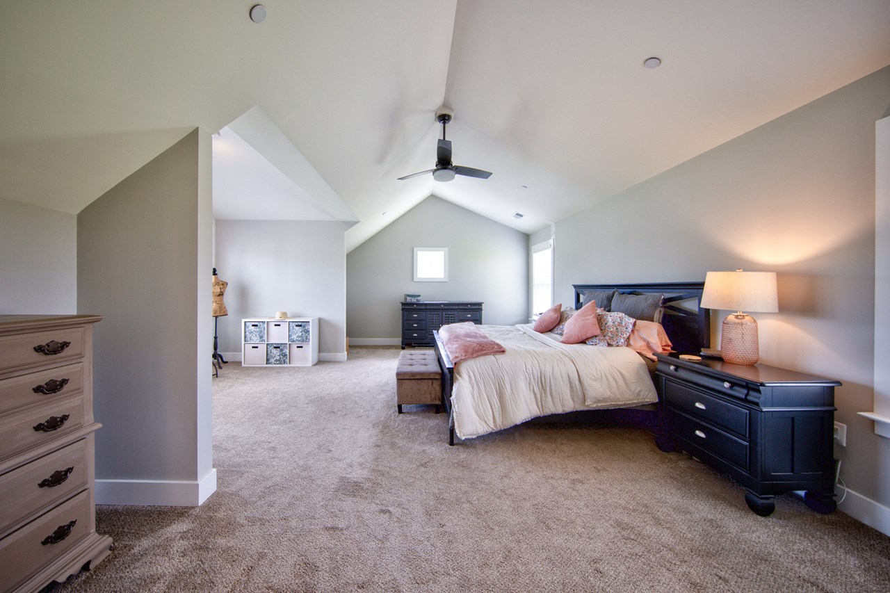 primary bedroom with vaulted ceiling & walk in closet