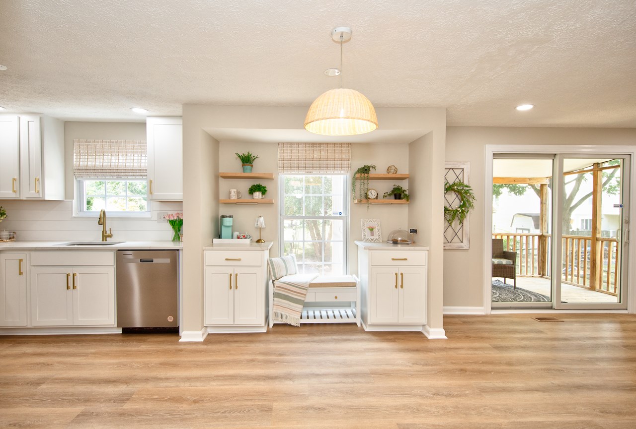 kitchen with built in cabinets & shelves