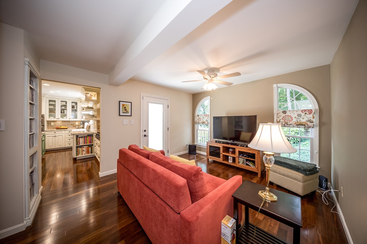 family room with deck access