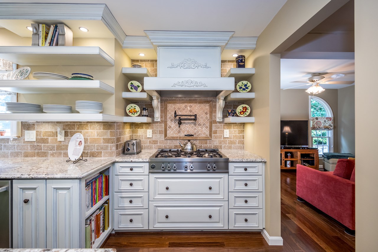 kitchen with gas cooking & custom shelving