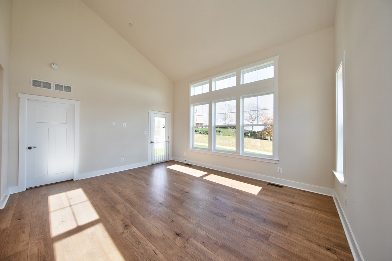 living room with vaulted ceiling & natural light
