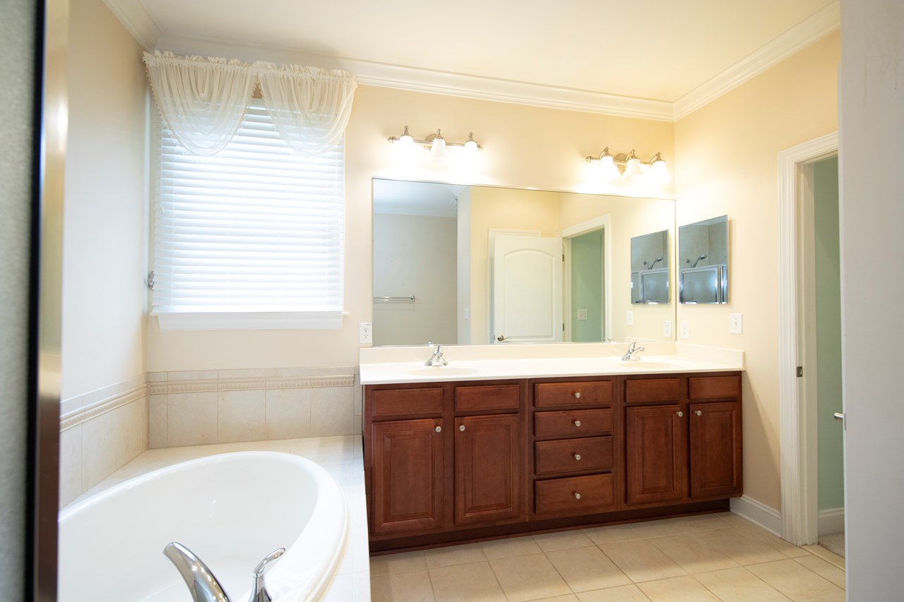 primary bathroom with double sink, soaking tub & separate shower