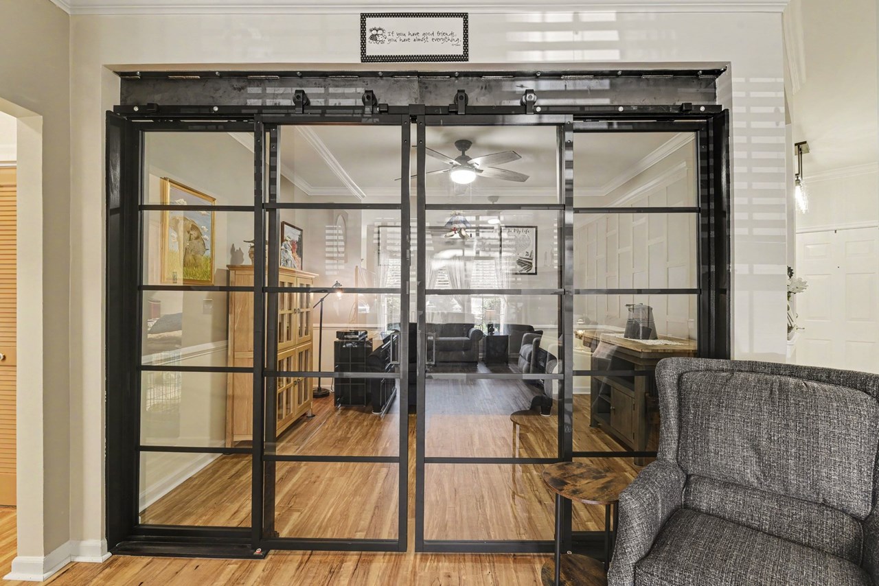 multi flex room with glass barn doors